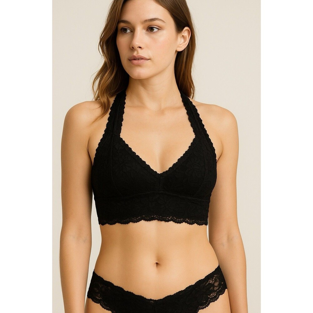 Free People Intimately Black Lace Halter Bralette Size Large Razor Style Back